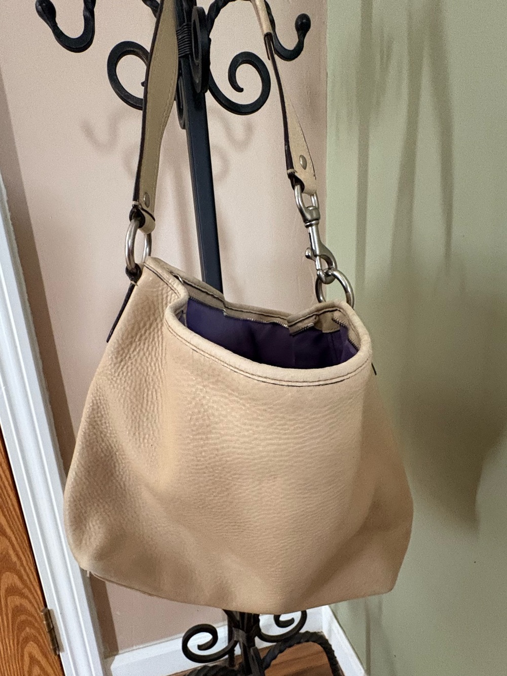 Coach Beige Leather Shoulder Bag with Purple Interior